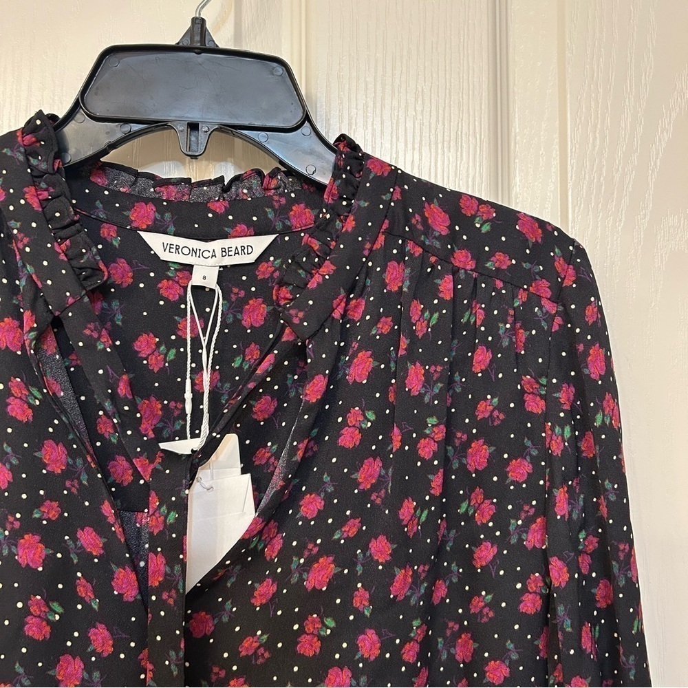 Veronica Beard Louama Floral Blouse Tie-neck in Black Multi - Picture 6 of 9